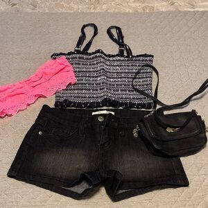 Black Denim Shorts and Pink Lace Bandeau Set